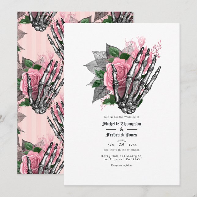 Invitación de boda gótica floral rosa con código Q (Anverso / Reverso)