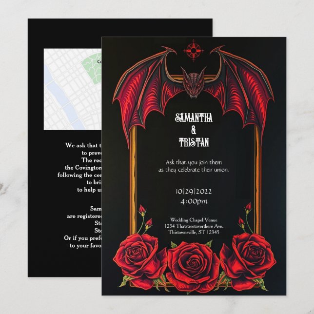 Invitación de boda gótica Murciélago Rojo y Rosas (Anverso / Reverso)