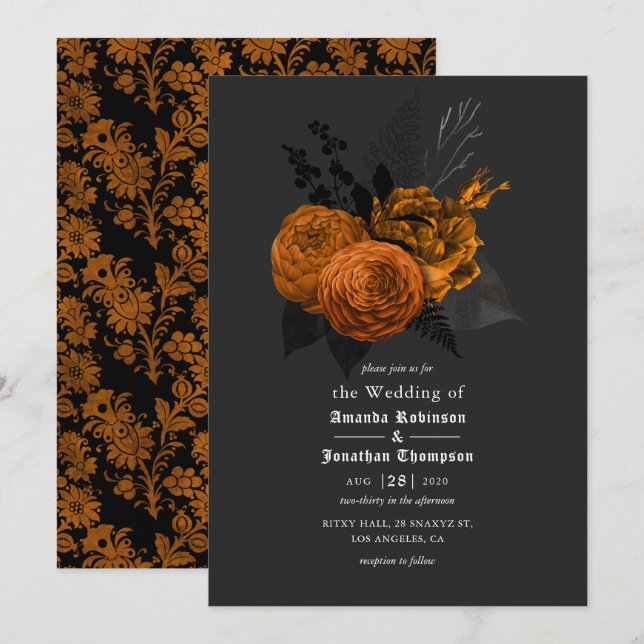 Invitación de boda gótica naranja y negra (Anverso / Reverso)