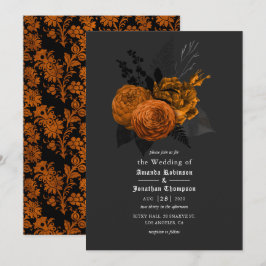 Invitación de boda gótica naranja y negra