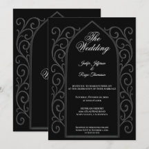 Invitación de boda gótica negra con borde ornament