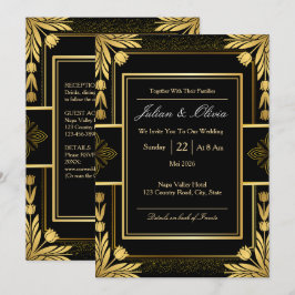 Invitación de boda gótica negra y dorada