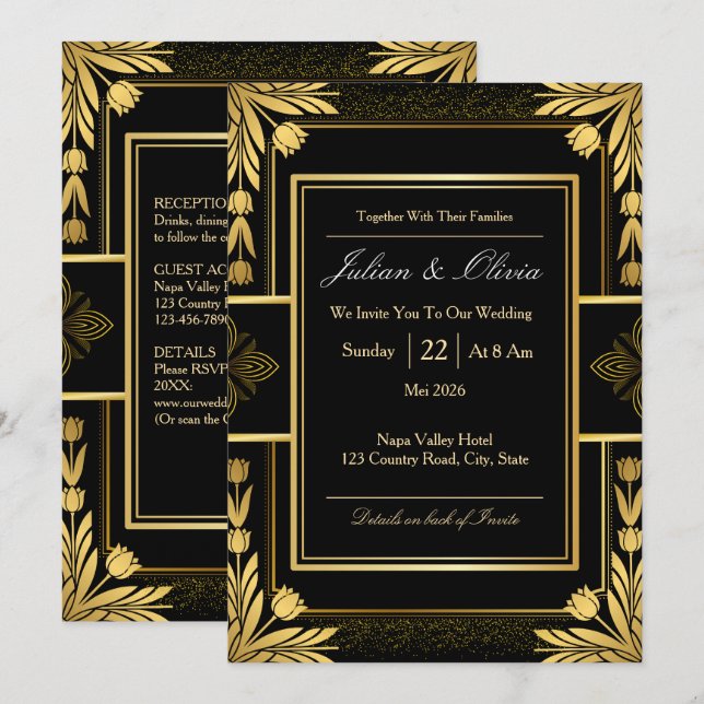 Invitación de boda gótica negra y dorada (Anverso / Reverso)