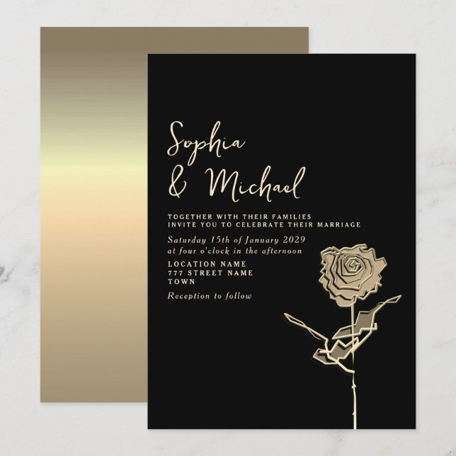 Invitación de boda gótica negra y dorada (Anverso / Reverso)