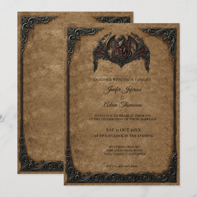 Invitación de boda gótica real vintage (Anverso / Reverso)