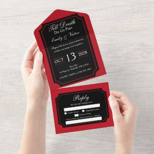 Invitación de boda gótica roja todo en uno
