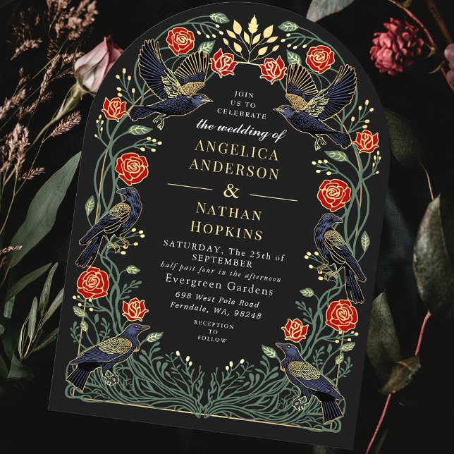 Invitación de Boda Gótica Rosas Rojas Cuervo Encan (Subido por el creador)