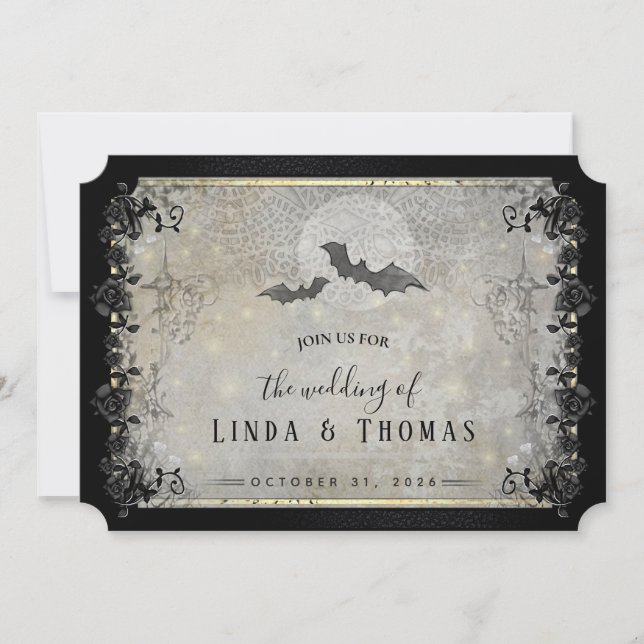Invitación de Boda Gótico Gris y Negro de Hallowee (Anverso)