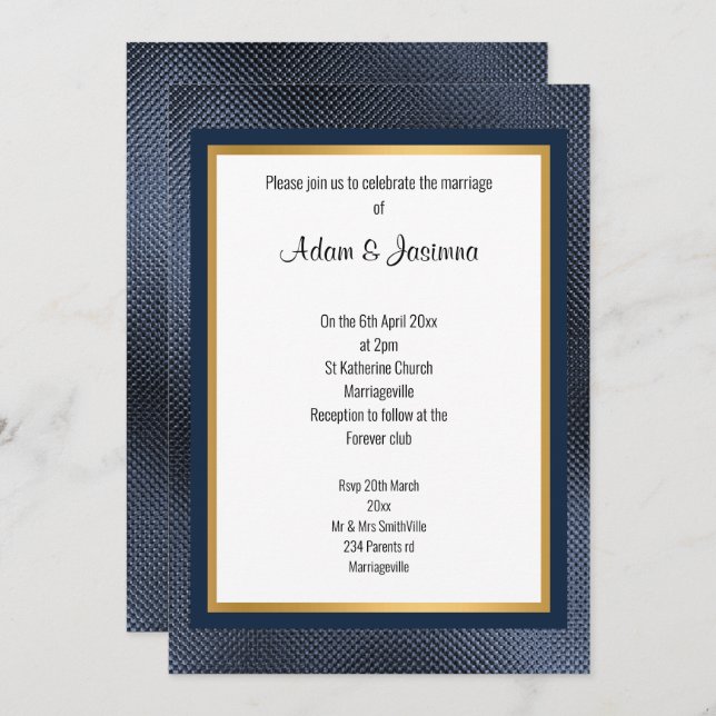 INVITACIÓN DE BODA GRABADO EN RELIEVE NAVY GOLD LA (Anverso / Reverso)