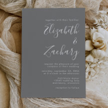 Invitación de boda gris blanca con guión moderno