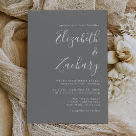 Invitación de boda gris blanca con guión moderno