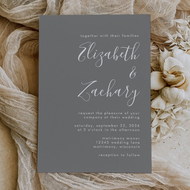 Invitación de boda gris blanca con guión moderno (Subido por el creador)