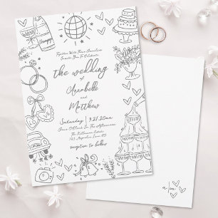 Invitación de Boda Gris Caprichosa Dibujada a Mano