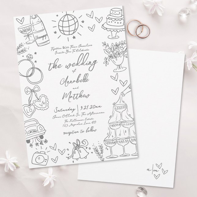 Invitación de Boda Gris Caprichosa Dibujada a Mano (Hand Drawn Gray Whimsical Wedding Invitation)