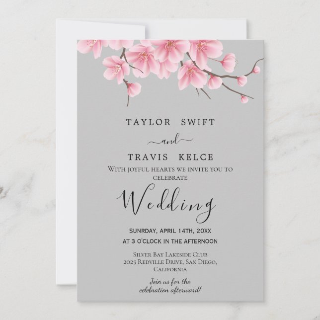 Invitación de boda gris Flor de Cerezo (Anverso)