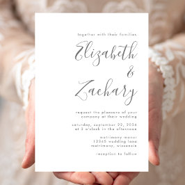 Invitación de boda gris moderna con escritura blan