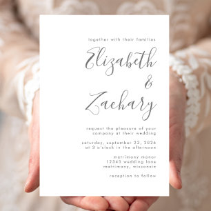 Invitación de boda gris moderna con escritura blan