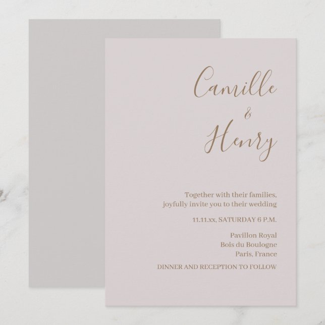 Invitación de boda gris rosa minimalista moderna (Anverso / Reverso)