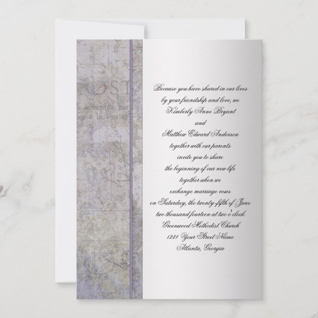 Invitación de boda grunge de lavanda y plata (Anverso)
