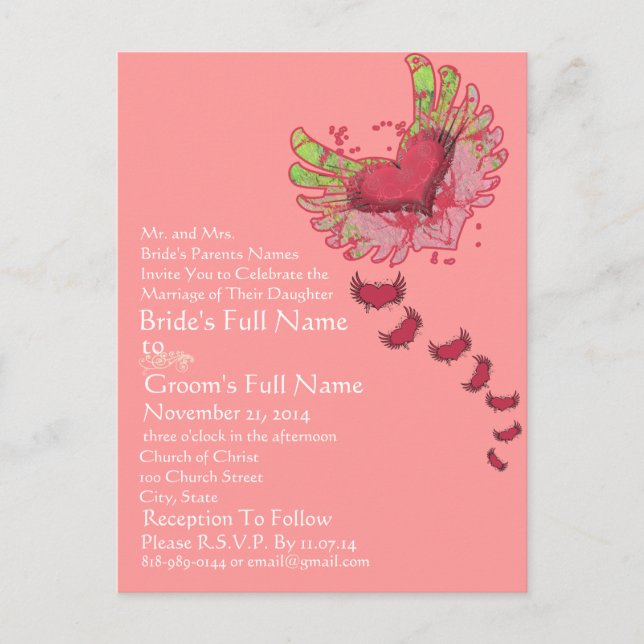 Invitación de boda Grunge Heart Raspberry Pink (Anverso)