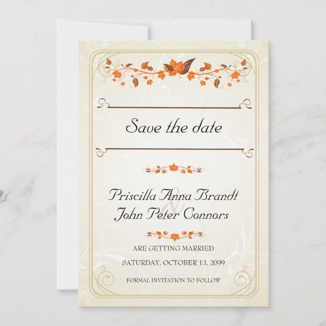 Invitación de Boda Guardar la Fecha, Tema de Hojas (Anverso)