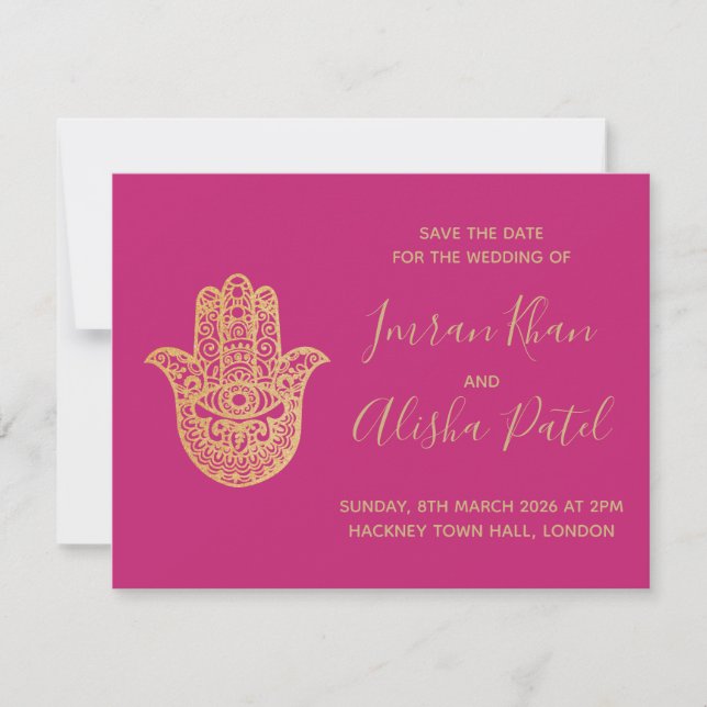 Invitación de boda Hamsa Henna Gold Pink Desi (Anverso)