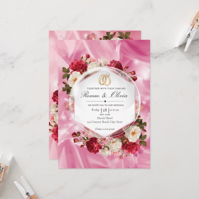 Invitación de Boda Hexágono de Rosas Rojas de Seda (Anverso/Reverso In Situ)