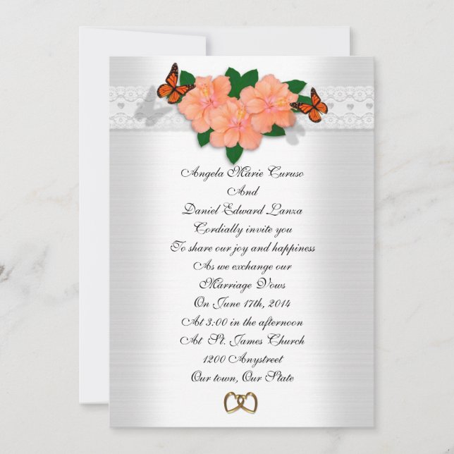 Invitación de boda hibisco y mariposas (Anverso)