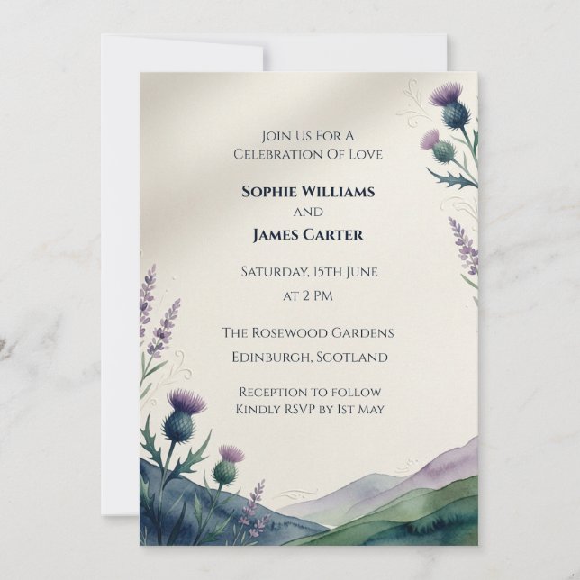 Invitación de boda Highland Thistle (Anverso)