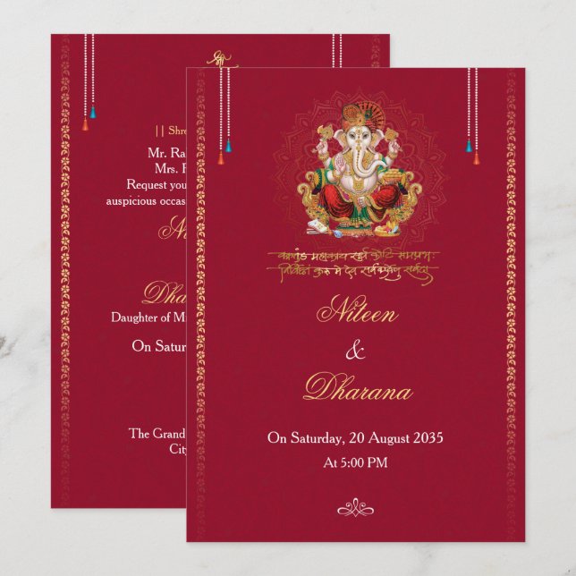 Invitación de Boda Hindú Mandala Ganesh (Anverso / Reverso)
