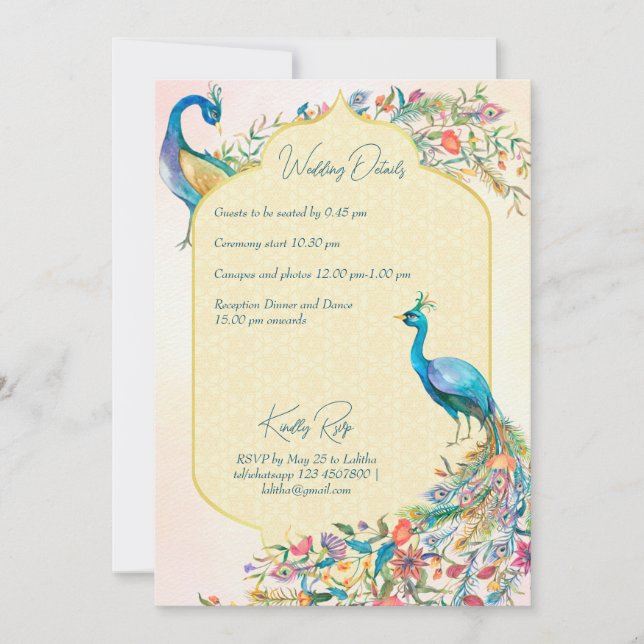 Invitación de boda hindú-pavo real a detalles RSVP (Anverso)