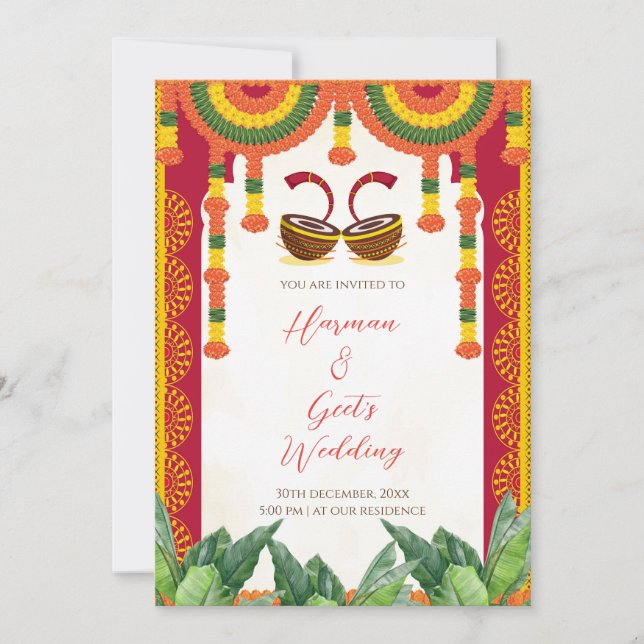 Invitación de boda hindú | Tarjeta de dhol y marig (Anverso)