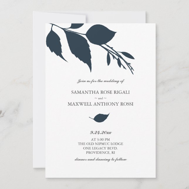 Invitación de Boda Hoja Azul Medianoche (Anverso)