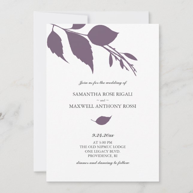 Invitación de Boda Hoja Morada Ciruela (Anverso)