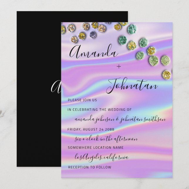Invitación de boda Holograma Monograma Confetti (Anverso / Reverso)