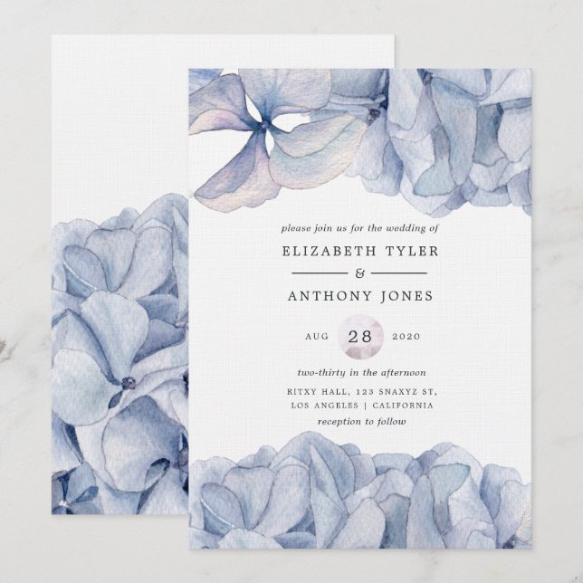 Invitación de Boda Hortensias Azules (Anverso / Reverso)