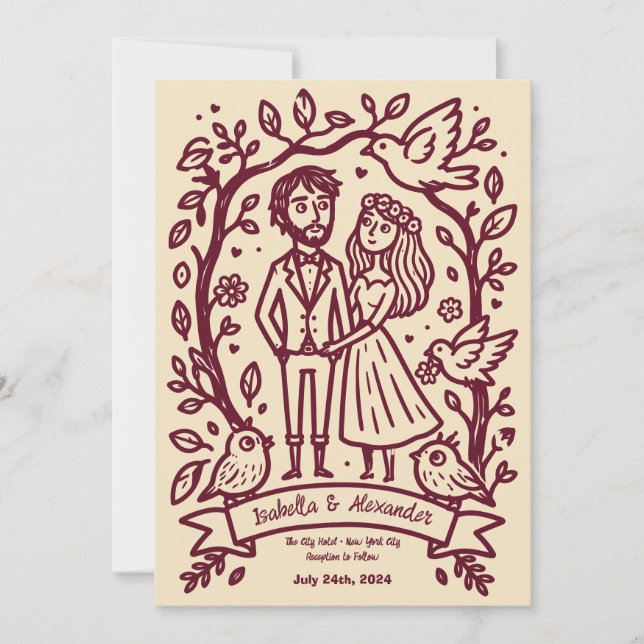 Invitación de boda ilustrada a mano extravagante (Anverso)