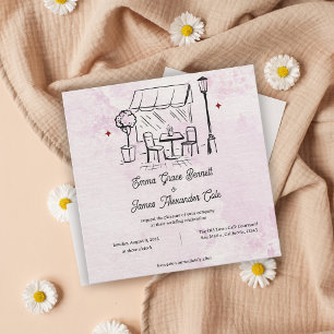 Invitación de boda ilustrada con acuarela rosa Caf