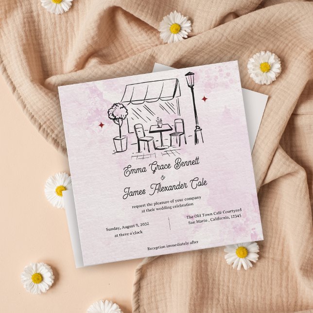 Invitación de boda ilustrada con acuarela rosa Caf (Blush Watercolor Café Illustration Wedding Invite)