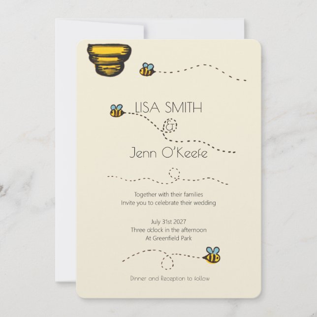 Invitación de boda ilustrada de abeja bumblebee (Anverso)