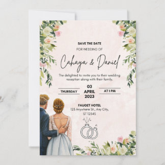 Invitación de boda ilustrada en rosa