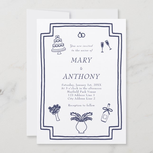 Invitación de boda ilustrada francesa dibujada a m (Anverso)