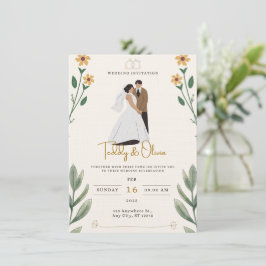 Invitación de boda ilustrada simple verde crema