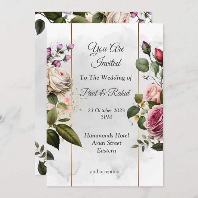 Invitación de boda impresionante, floral rosa/blan (Anverso / Reverso)