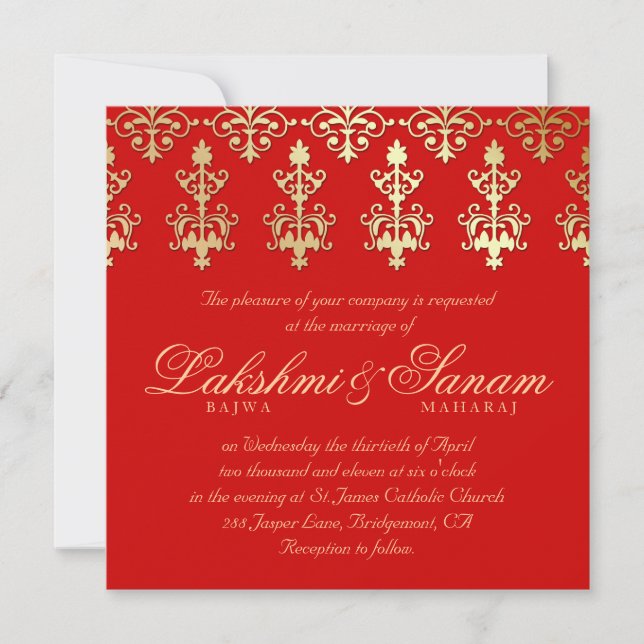 Invitación de Boda India 232 Damask Oro Otoño Rojo (Anverso)
