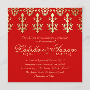 Invitación de Boda India 232 Damask Oro Otoño Rojo