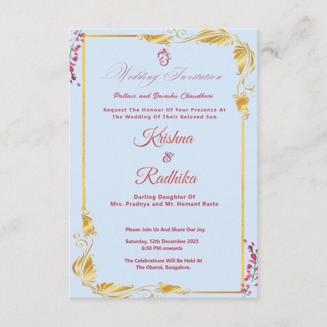 Invitación de boda india azul cielo (Anverso)