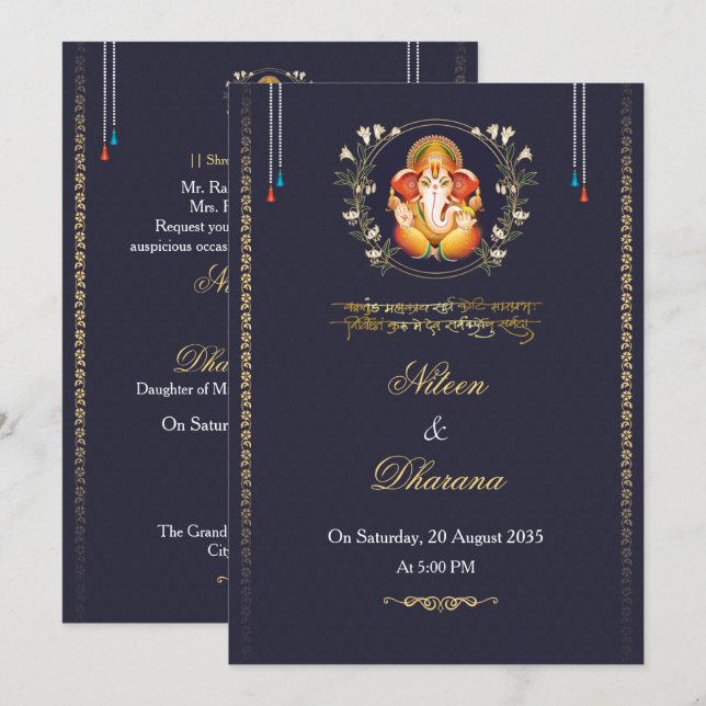 Invitación de boda india azul real (Anverso / Reverso)