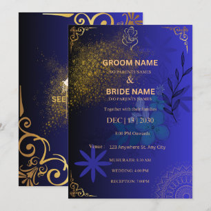 Invitación de boda india azul y dorada elegante