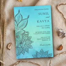 Invitación de boda india con henna de acuarela azu
